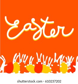 Easter greeting card template with rabbit bunny egg and text. Holiday background for design card, banner,ticket, poster and so on.