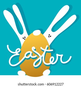 Easter greeting card template with rabbits and golden egg. Holiday background for design card, banner,ticket, poster and so on.