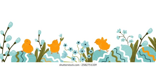 Easter greeting card template  with spring  flowers and baby chicken. Vector illustration on a white background.