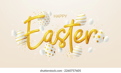 Easter greeting card template. Vector holiday illustration with realistic golden 3d lettering, falling confetti and eggs. Realistic 3d golden symbols of Easter. Happy Easter.