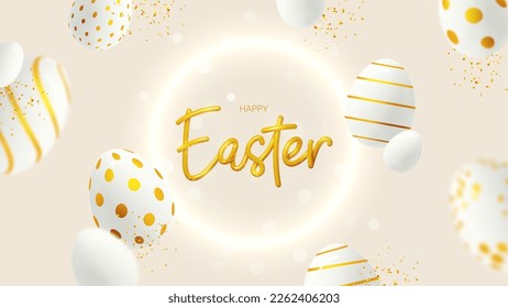 Easter greeting card template  Vector holiday illustration and golden 3d lettering  neon circle  falling decorative eggs   golden confetti  Easter decoration for decoration posters  social media 
