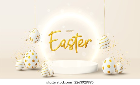 Easter greeting card template. Vector holiday illustration with golden 3d lettering, podium, neon circle, decorative eggs and confetti. Happy Easter banner for presentation of products or goods.