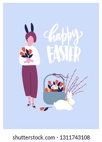 Easter greeting card template with wish handwritten with elegant calligraphic font and woman with bunny ears holding spring flowers and basket with holiday gifts. Flat cartoon vector illustration.
