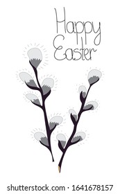 Easter greeting card, templates with willow branches. Willow branches and herbs isolated on a white background. Lettering. Happy Easter