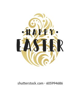 Easter Greeting card text template and badge vector design element. Happy Easter typography message vintage style and ornament egg.