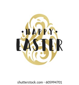 Plantilla de texto de tarjeta de felicitación de Pascua y elemento de diseño vectorial de placa. Feliz mensaje de tipografía de Pascua estilo vintage y huevo adorno.