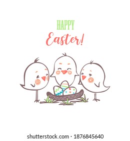 Easter greeting card. Three bird and a nest of Easter eggs.