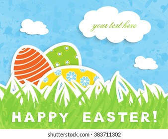 easter greeting card - three colorful eggs on green grass, textured blue sky,  white clouds whith place for your text, vector illustration