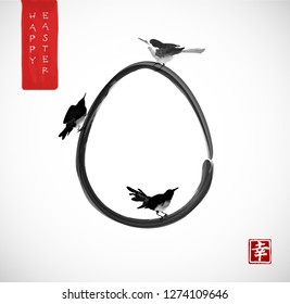 Easter greeting card with three little birds and egg. Traditional Japanese ink wash painting sumi-e. Hieroglyph - happiness