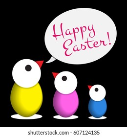 Easter greeting card - three yellow, pink, blue chicken eggs with white heads and speech bubble text in front of a black background