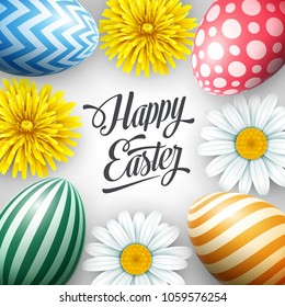 Easter greeting card with a top view of colorful eggs and flowers on white background