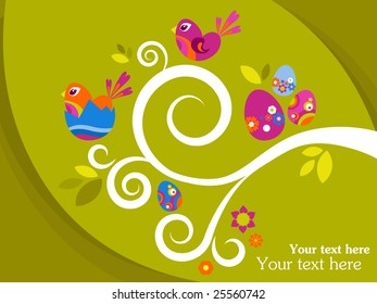 Easter greeting card with tree branch, eggs and flowers