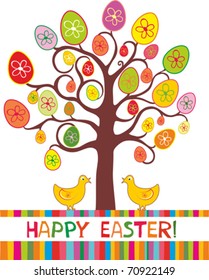 Easter greeting card with tree, eggs and flowers