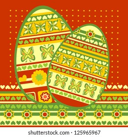 Easter Greeting Card with Two Eggs on Red Background, Vector Version