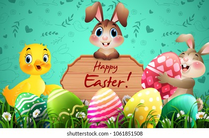 Easter greeting card with two little rabbits, duck, colorful eggs, and a wooden sign