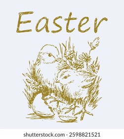 Easter greeting card with two newborn hatched chicks, split egg, lettering, hand drawn vector illustration