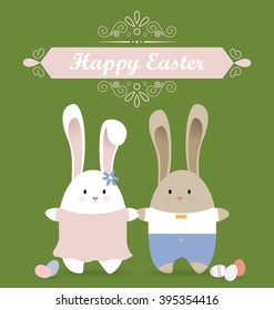 Easter greeting card with two rabbits holding hands.
Vector characters standing on the bottom of the image surrounded with the pile of the Easter eggs.