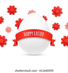 Easter greeting card vector design, with easter egg, red ribbon and flowers on a white background.