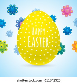 Easter greeting card vector design, with yellow egg and colorful flowers on a blue background. Colorful easter greeting card.