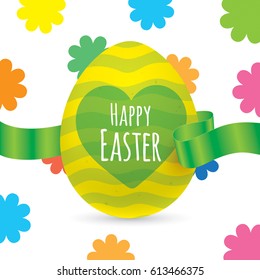 Easter greeting card vector design, with yellow egg, green ribbon and colorful flowers isolated on a white background. Colorful easter greeting card.
