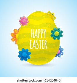 Easter greeting card vector design, with yellow easter egg and colorful flowers.