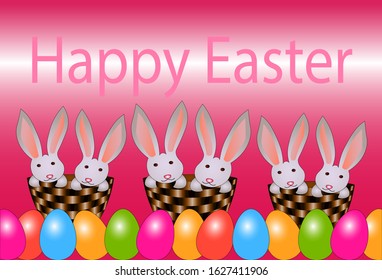 Easter Greeting Card. Vector illustration with rabbits in baskets and multi-colored Easter eggs on a pink background. Happy Easter lettering
