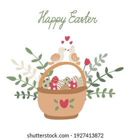 Easter greeting card. Vector illustration of a basket full of colorful eggs with birds on it. Nice tulip spring flower, sprigs and  branches. Happy Easter hand drawn lettering.