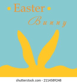 Easter greeting card. Vector illustration of a yellow easter bunny on a blue background with an inscription.