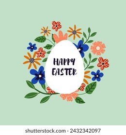 Easter greeting card. Vector illustration with flowers and egg. Spring holiday. 