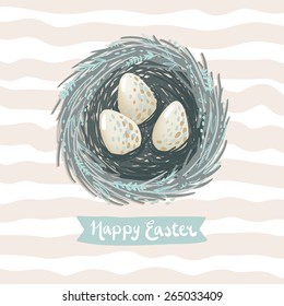 Easter greeting card vector illustration with little bird nest and a few eggs 