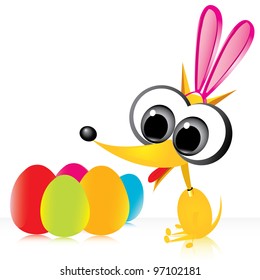 easter greeting card. vector illustration of dog with easter egg. dog playing with easter egg.