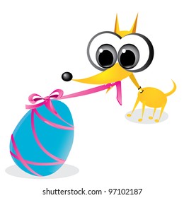 easter greeting card. vector illustration of dog with easter egg. dog playing with easter egg.