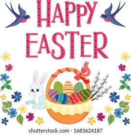 Easter greeting card with vector image of lettering, easter basket, colored eggs, swallows, bunny and floral pattern.