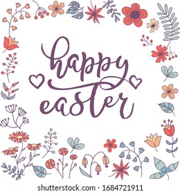 Tarjeta de saludo de Pascua con imagen vectorial con letras y motivos florales.