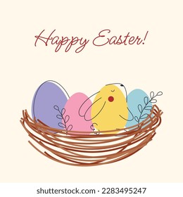 Tarjeta de felicitación de Pascua. Diseño vectorial moderno con conejo y huevos de Pascua en una canasta	