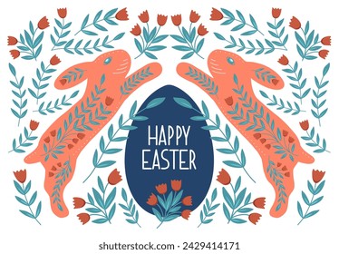 Easter greeting card. Vector symmetric pattern of rabbits, egg and tulips on a white background. Folk art floral ornament. Fabric textile print