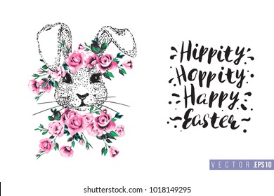 Easter greeting card with white bunny with roses and text: hippity hoppity happy Easter. Hand drawn illustration with paschal lettering. Spring poster for pre-Easter and post-Easter congratulations.