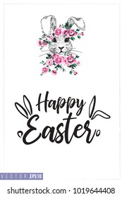Easter greeting card with white bunny with roses and text: happy Easter. Hand drawn illustration with paschal lettering. Spring poster for pre-Easter and post-Easter congratulations.