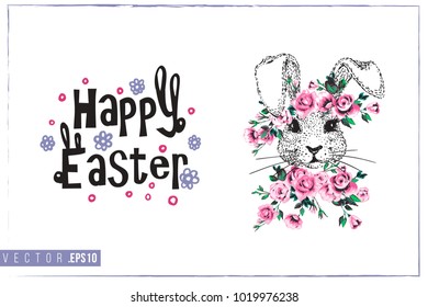 Easter greeting card with white bunny with roses and text: happy Easter. Hand drawn illustration with paschal lettering. Spring poster for pre-Easter and post-Easter congratulations.