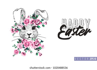 Easter greeting card with white bunny with roses and text: happy Easter. Hand drawn illustration with paschal lettering. Spring poster for pre-Easter and post-Easter congratulations.
