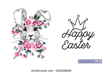Easter greeting card with white bunny with roses and text: happy Easter. Hand drawn illustration with paschal lettering. Spring poster for pre-Easter and post-Easter congratulations.