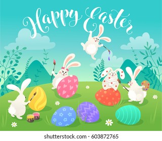 Easter greeting card with white cute bunnies drawing on colorful eggs. Fun illustration of rabbits and eggs on grass and Happy Easter text.