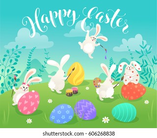 Easter greeting card with white cute bunnies drawing on colorful eggs. Fun illustration of rabbits and eggs on grass and Happy Easter text.