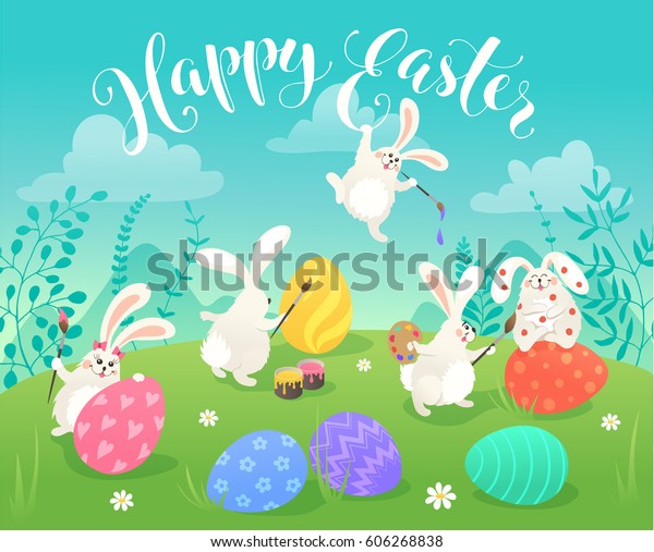 カラフルな卵に白いかわいいバニーが描かれたイースターのグリーティングカード 草の上のうさぎや卵やハッピーイースターのテキストの楽しいイラスト のベクター画像素材 ロイヤリティフリー
