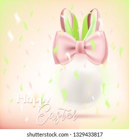 Easter greeting card with the white egg with bunny silk bow and confetti