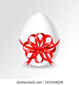 Easter greeting card. White egg with red ribbon and bow. Vector illustration