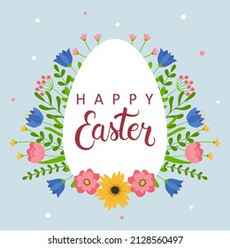 Easter greeting card. White egg with colorful flowers. Template for poster, greeting card, invitation or postcard.