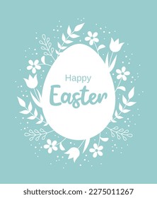 Easter greeting card. A white egg with typography inside and a frame of flowers and leaves around it on a pastel green background. Flat vector illustration