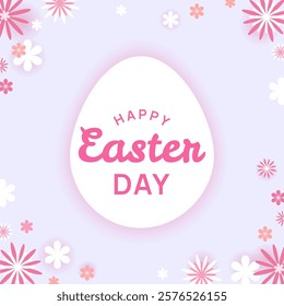 Easter greeting card with a white egg centerpiece, pink festive typography, floral decorations, and a soft pastel background.Happy Easter Day Card with Egg and Floral Design.Vector illustration