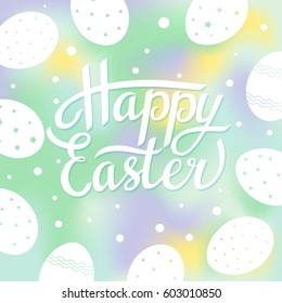 Easter greeting card with white eggs on blurred background. Vector illustration